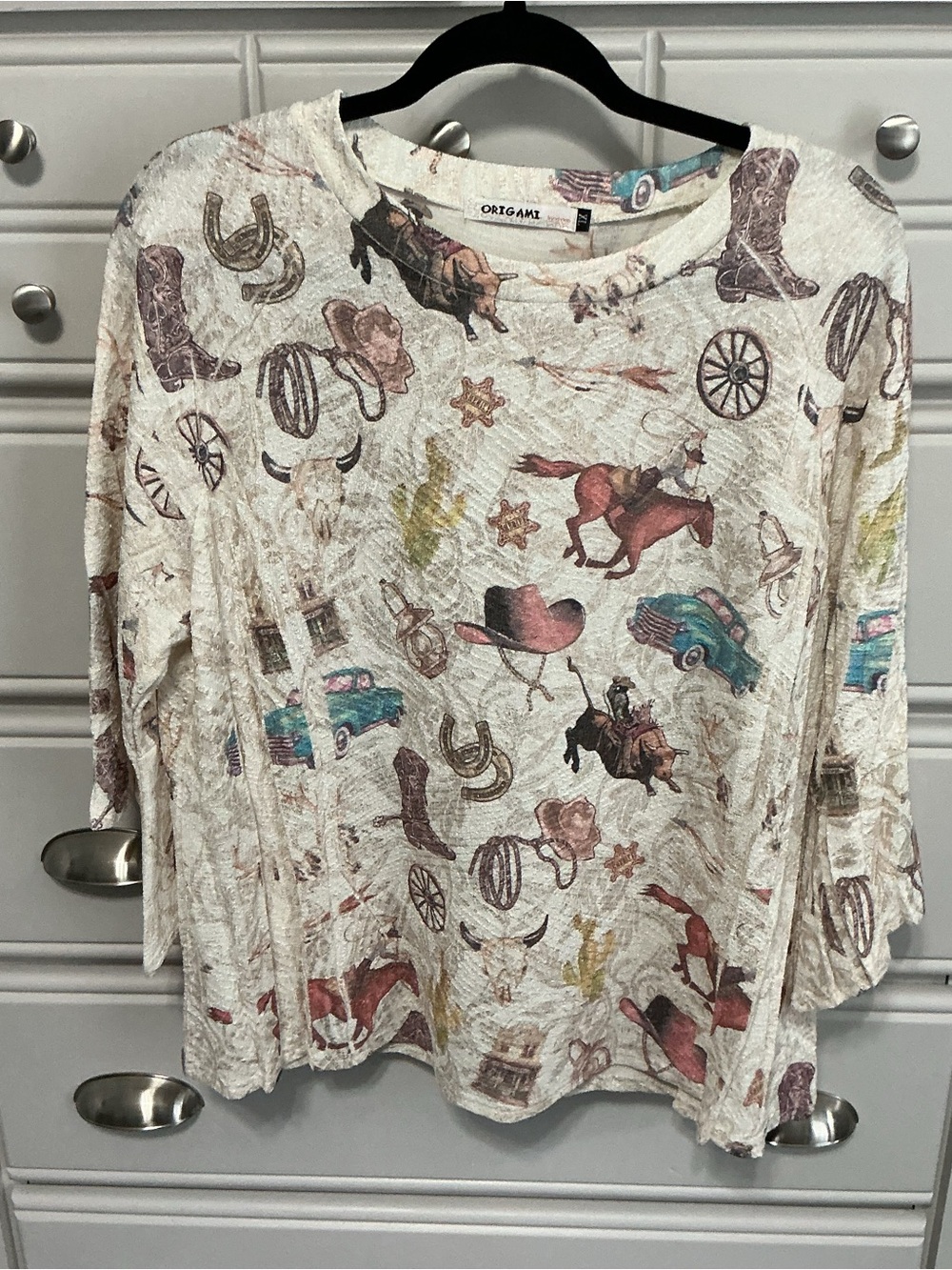 ORIGAMI By Vivien Western Print Bell Sleeve Top XL